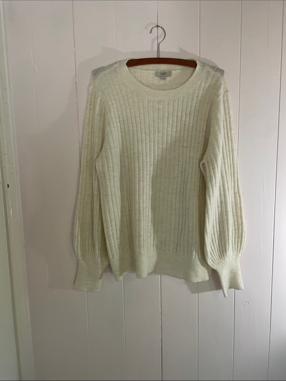 LOFT Cream Ribbed Crewneck Sweater with Balloon Sleeves